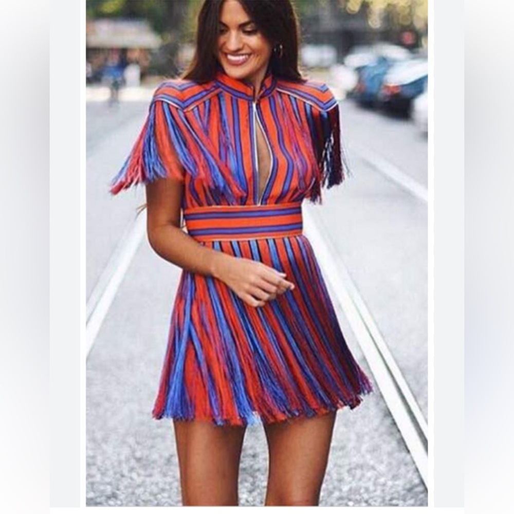 NWT red blue stripe fringe dress sz small